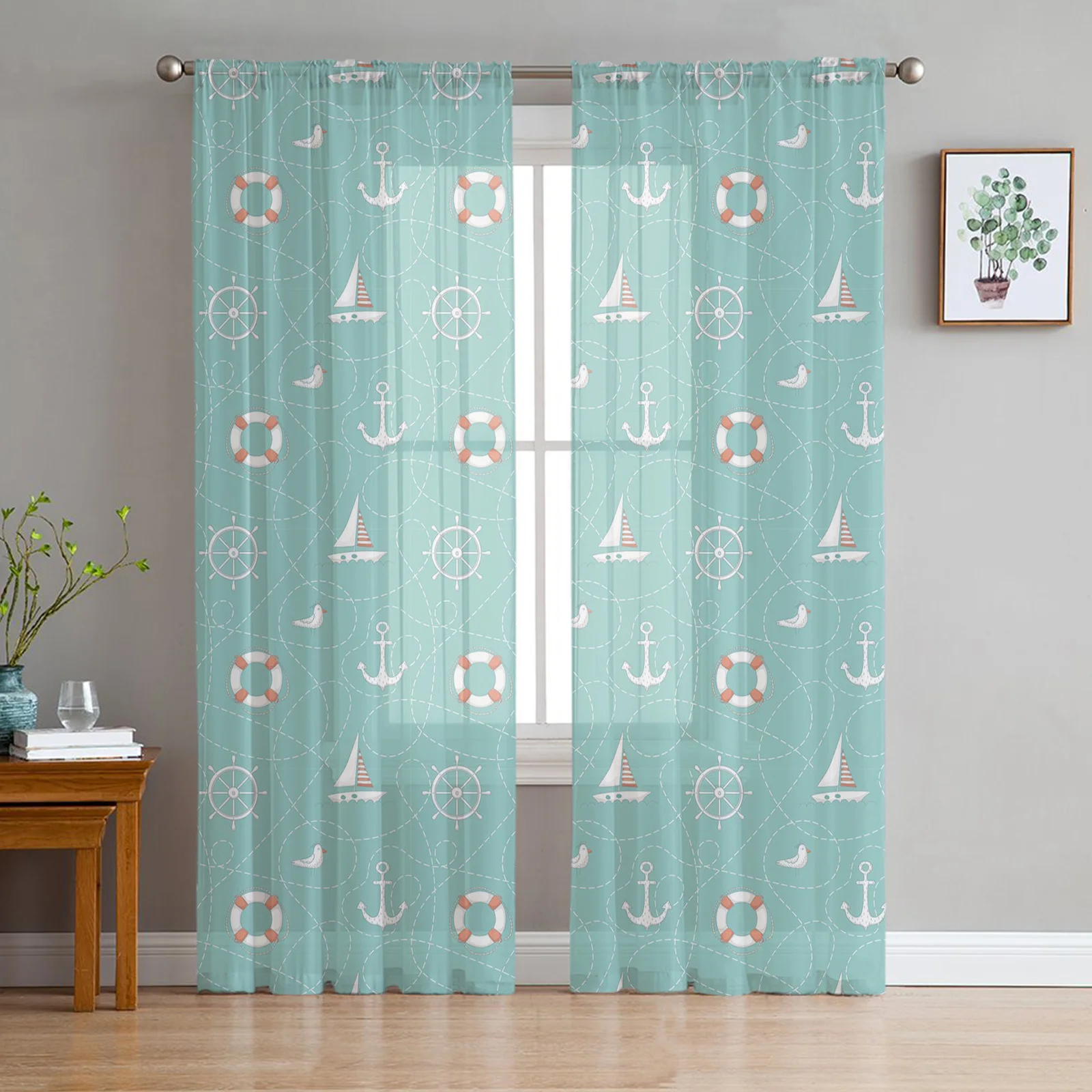 

Ship Anchor Lifebuoy Seagull Route Tulle Curtains For Living Room Sheer Curtain Bedroom Voile Decorative Window Treatments