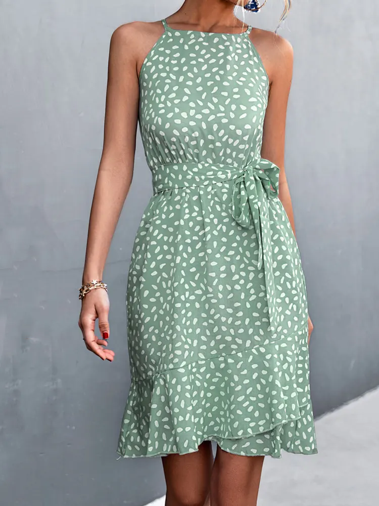 

2022Summer Short Boho Dresses Women Mini Sleeveless Party Halter Floral Fuffle