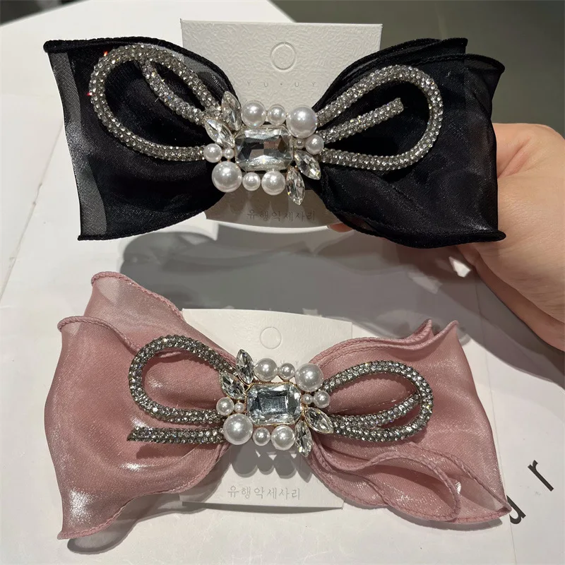 

Hairpin Korean girl hair accessories satin solid color rhinestone hairpin female headdress black spring clip