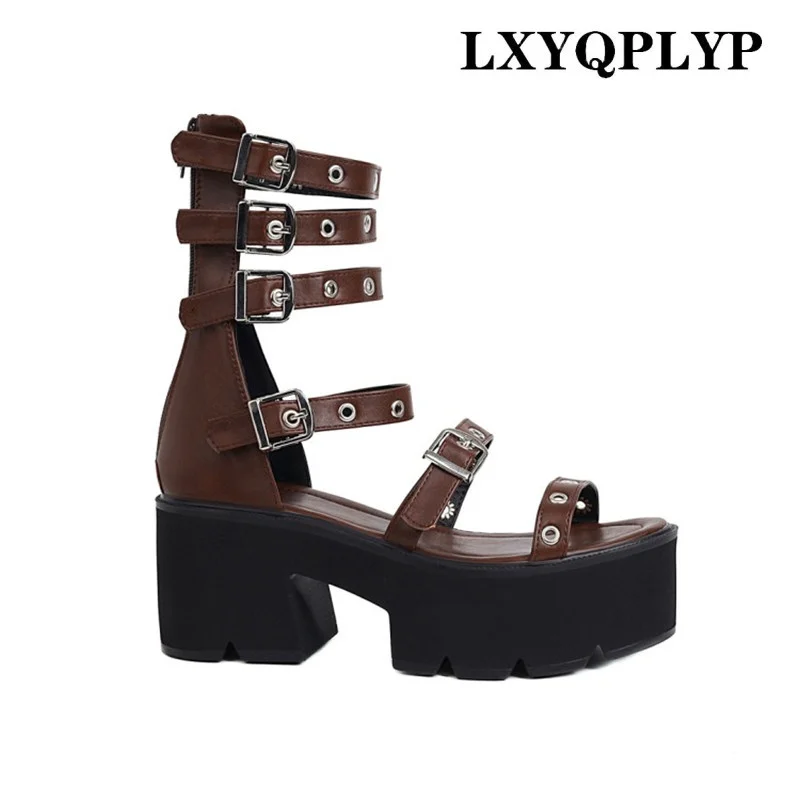 

Сандалии женские на платформе, уличные босоножки на толстой подошве, кожаная обувь с ремешком с пряжкой, на высокой танкетке с надписью, лето 2022