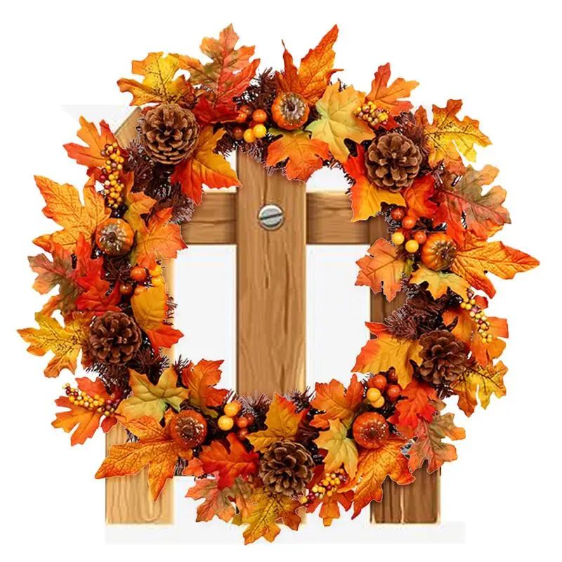 

Fall Door Wreath Front Door Harvest Decorations Maple Leaves Pumpkin Design Rustic Round Wreaths Wall Hung Outdoor Farmhouse