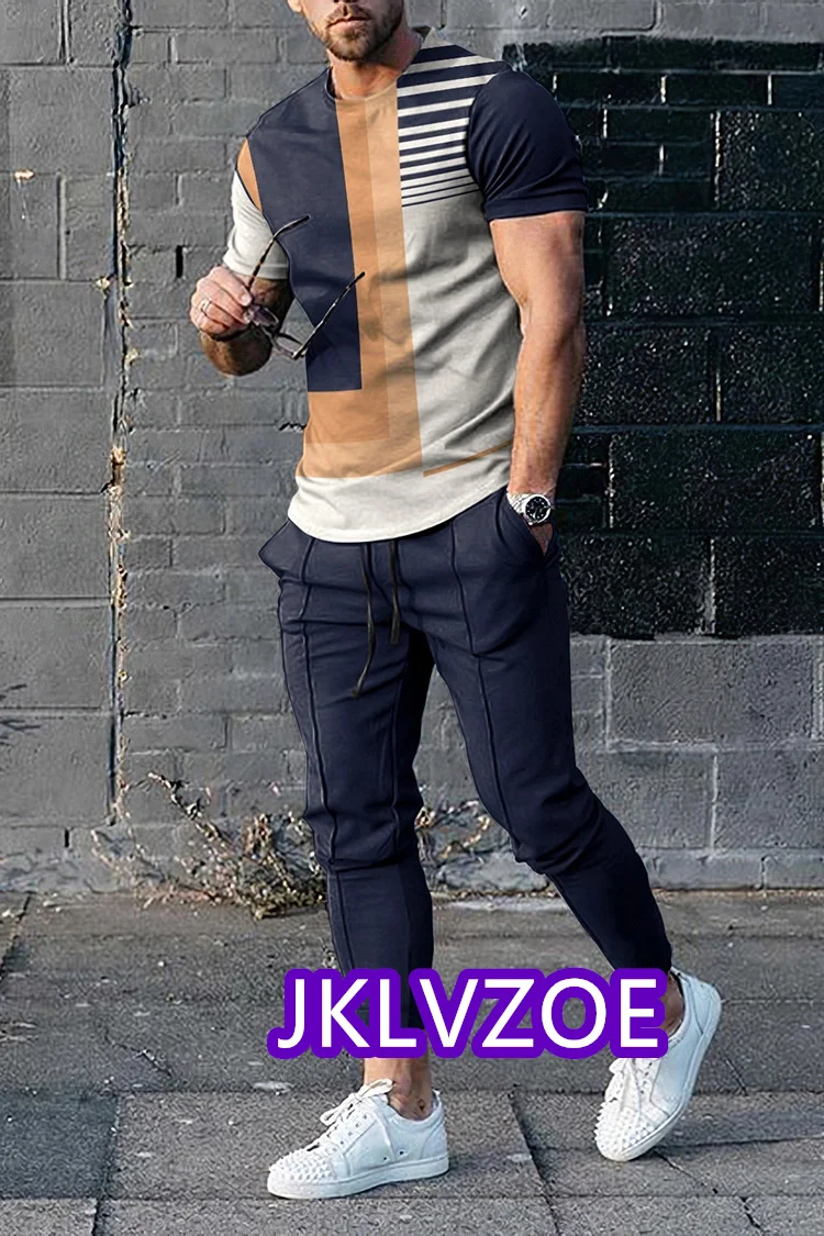 New Summer Men's Tracksuit Jogging Outfits 3D Print Trend Vintage T-Shirt Street Suit Men Clothes Sports Long Pants 2 Piece Sets