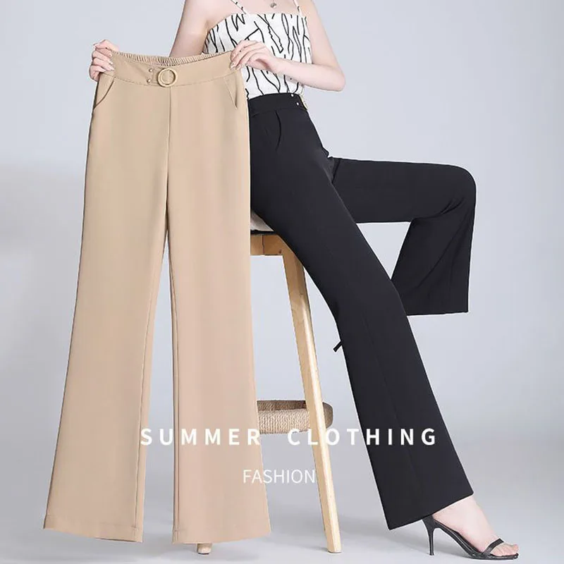 Spring Summer Thin Suit Flare Pants Office Lady High Waist Elastic Ice Silk Loose Wide Leg Straight Women Casual Long Trousers