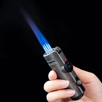 jobon metal cigar lighter with punch flint grinding wheel windproof 4 nozzles blue flame visible gas window smoking accessories
