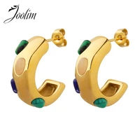 joolim high end pvd plated tarnish free fashion colorful stone c shaped earring stainless steel jewelry drop shipping supplier