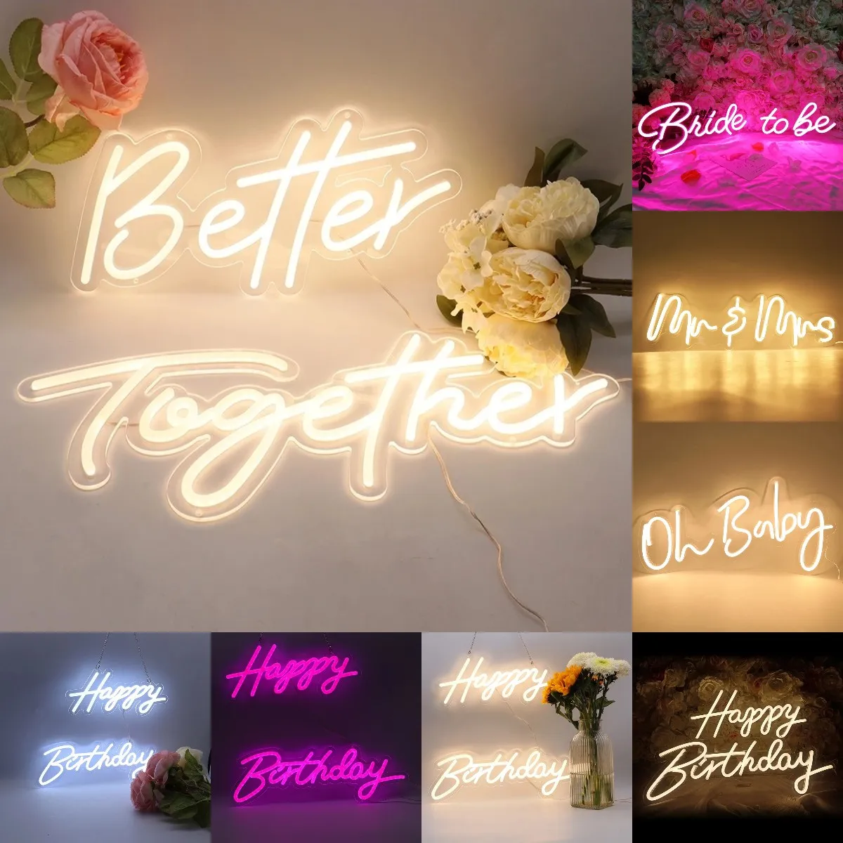 

9 Styles Neon Led Sign Happy Birthday Lights Transparent Acrylic Oh Baby Neon Light Sign Wedding Party Wall Decor Led Lamp Bulk