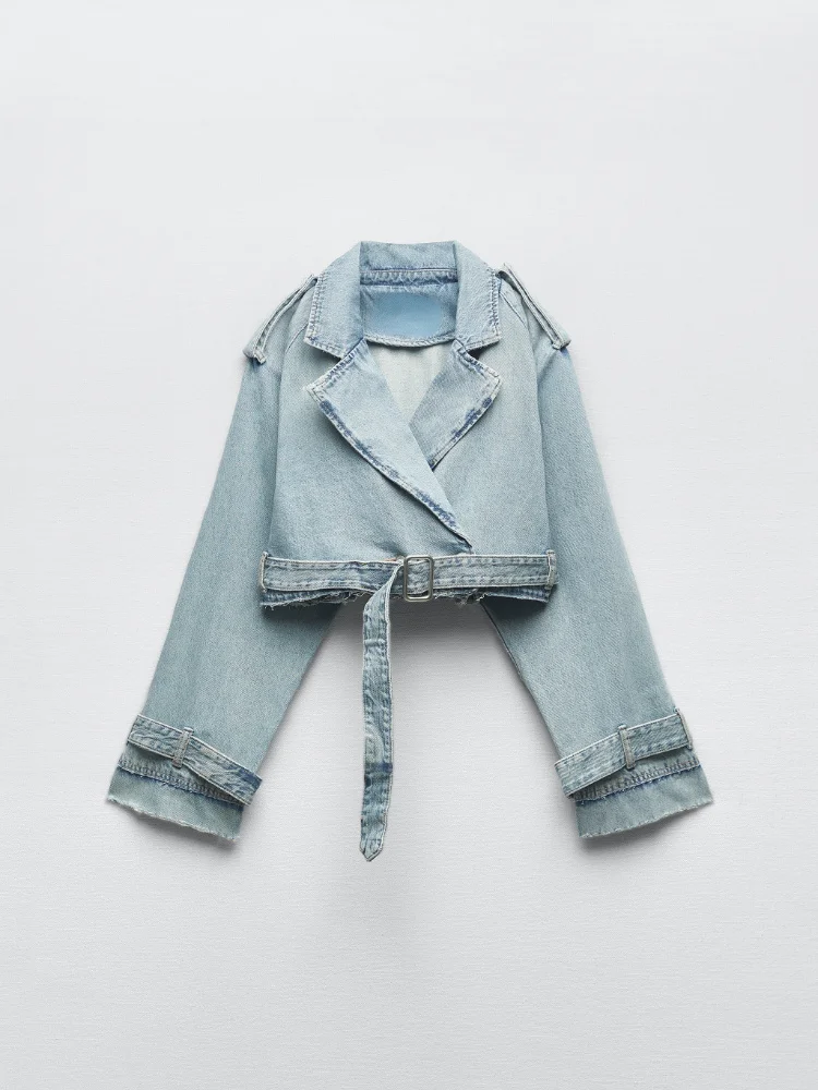 

Trf Denim Cropped Trench Coat For Women Oversized Short Trench Coats Women Short Jackets Ladies Long Sleeve Loose