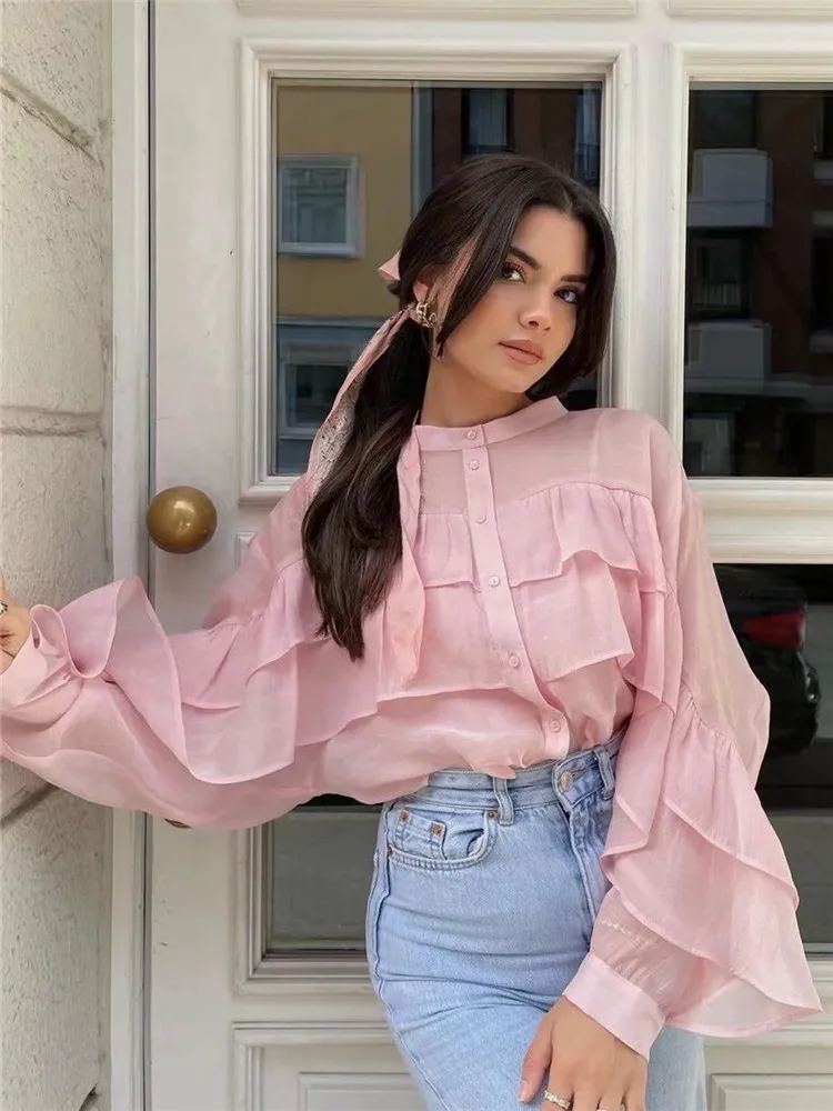 

TRAF Ruffle Crop Top Female Pink Button Up White Shirt Woman Semi Sheer Long Sleeve Women Blouse Beautiful Summer Blouses