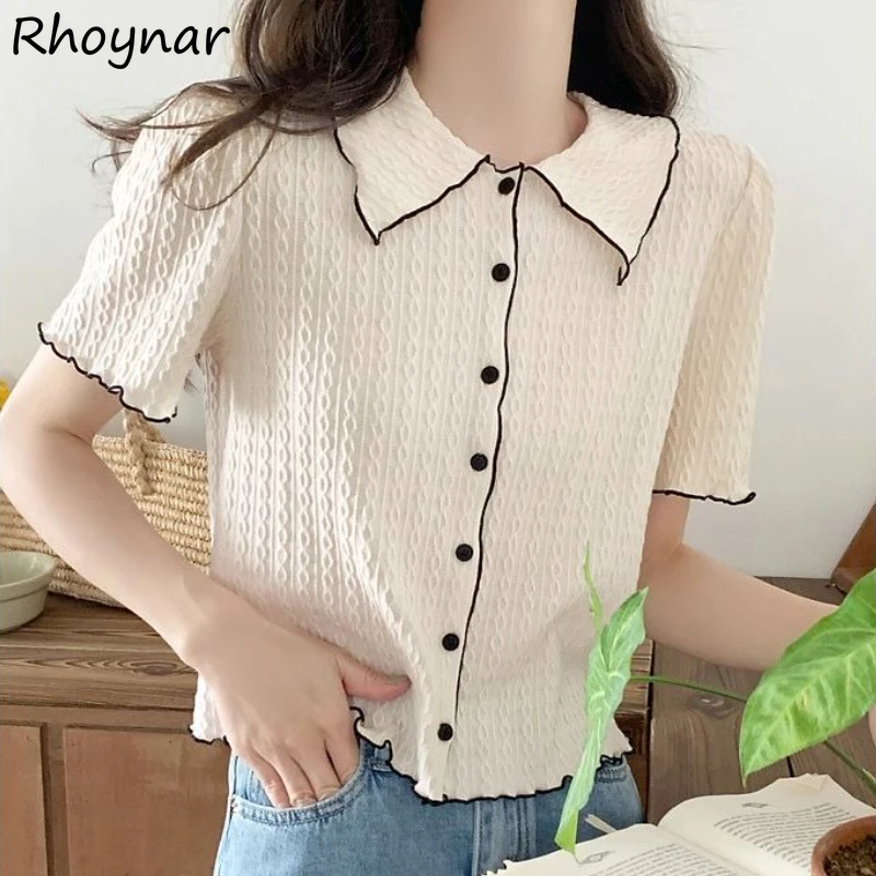 

Shirts Women Crop Tops Edible Tree Fungus Patchwork Elegant French Style College Simple All-match Ulzzang Retro Classic Fashion