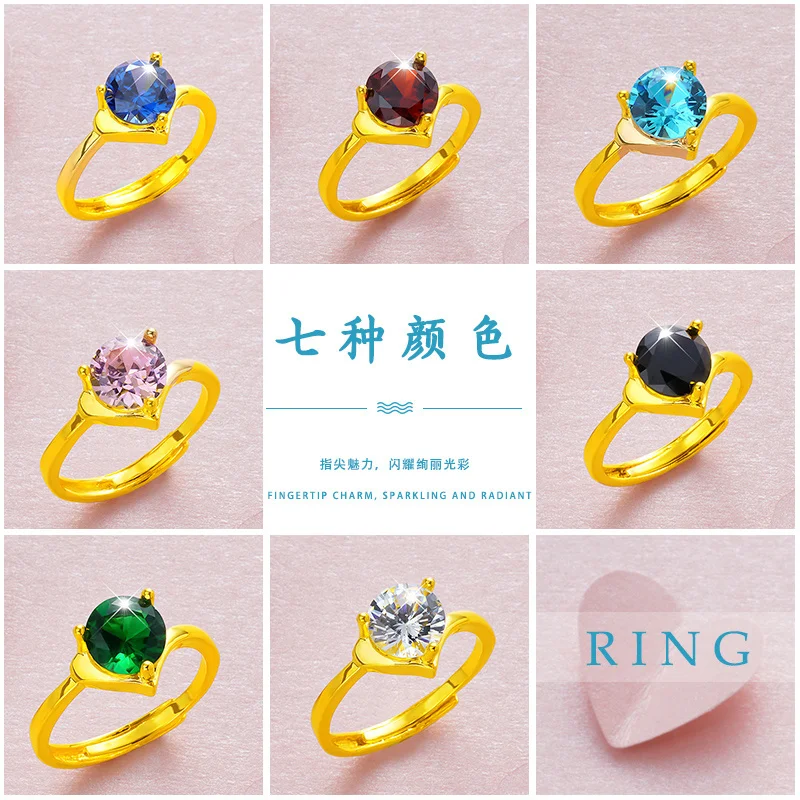 

Copy 100% Real Gold 24k 999 ring women's stone inlaid bracelet opening adjustable colorful temperament jewelry Pure 18K Gold Jew