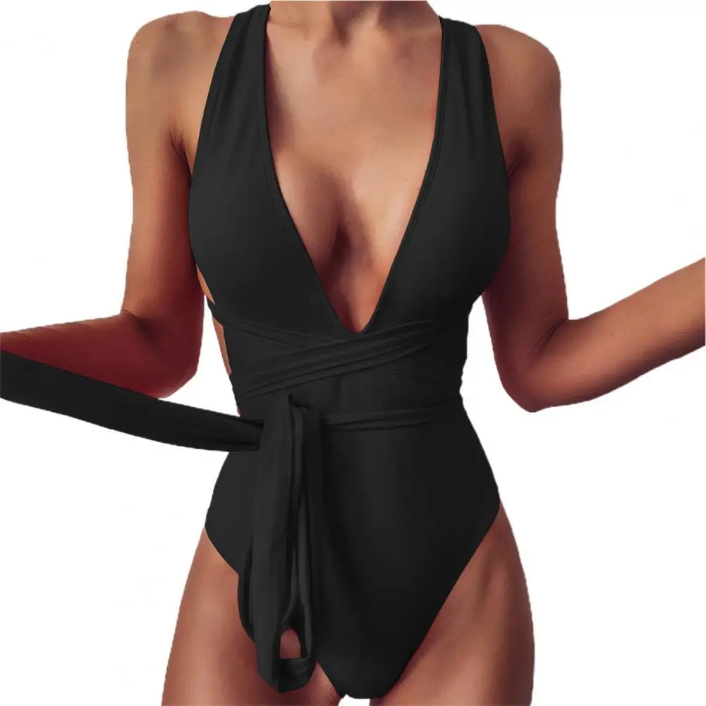 

Women Bikini Solid Color Deep V Neck One Piece Temperament Off Shoulder Swimwear Backless Bathing Suit for Beach Vacation
