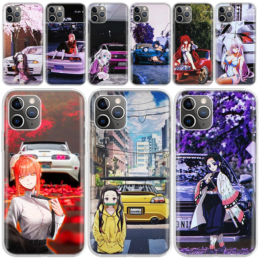

Anime Girl JDM Sports Car Drift Transparent Soft Phone Case for iPhone 14 13 12 11 Pro Max 7 Plus Apple XS XR X SE 8 6 + 6S 5 5S