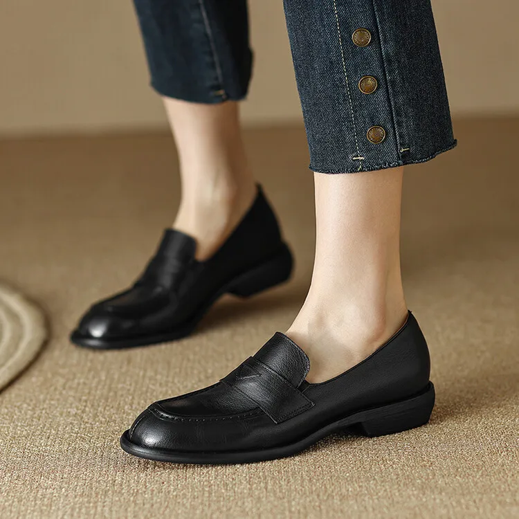 

Black Real Leather Women Shallow Flats Round Toe Office Lady Work Stilettos Slip On Brown Moccasins Femmes Vintage Espadrilles