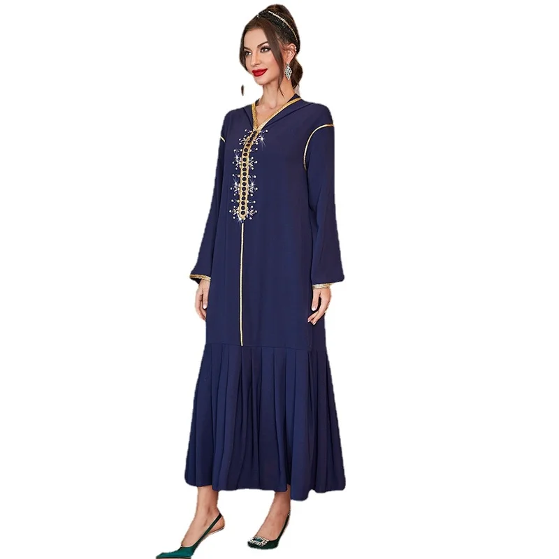 

Beading Blue Hooded Dress Woman Long Sleeve Casual Pleated Ladies Fashion Bright Line Decoration Feminine Clothes Ramadan