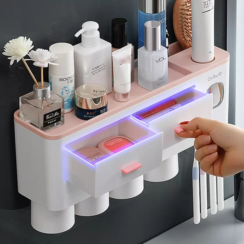 

Bathroom Accessories Set Adsorption Inverted Toothbrush Holder Automatic Toothpaste Dispenser Squeezer Storage Rack