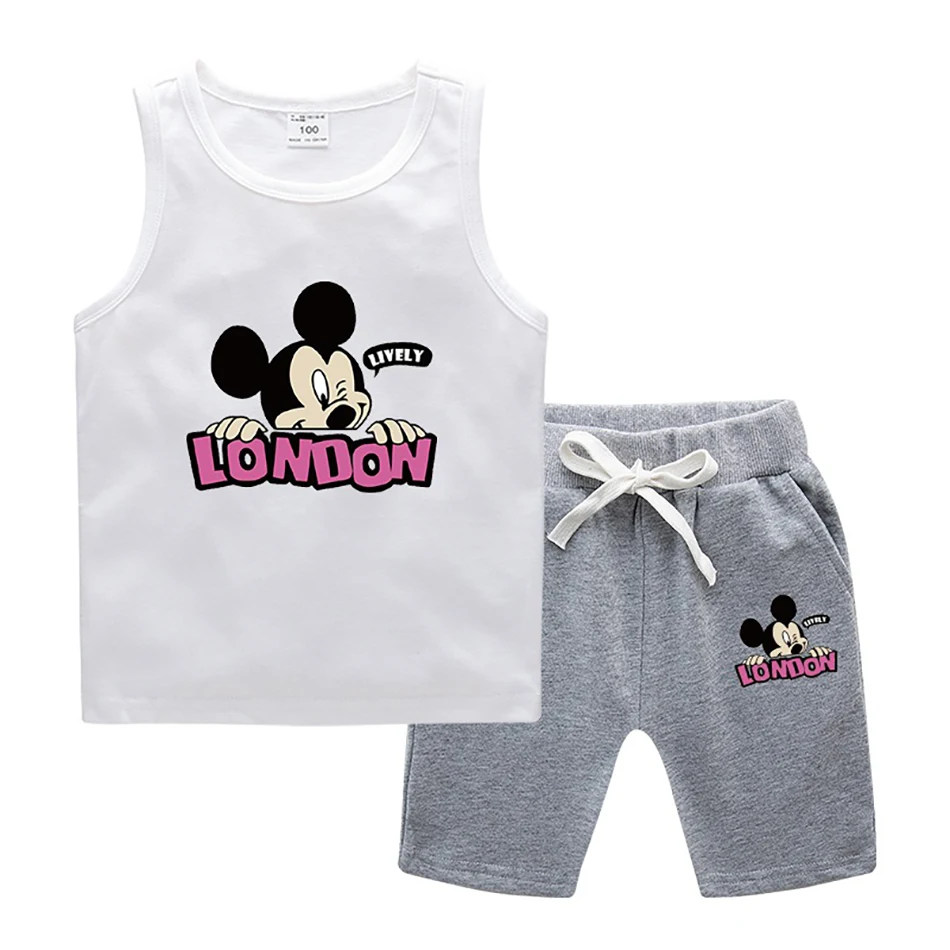 

Летние комплекты одежды для маленьких мальчиков и девочек с Микки и Минни Маусом, Детская Повседневная футболка без рукавов с мультяшным ри...