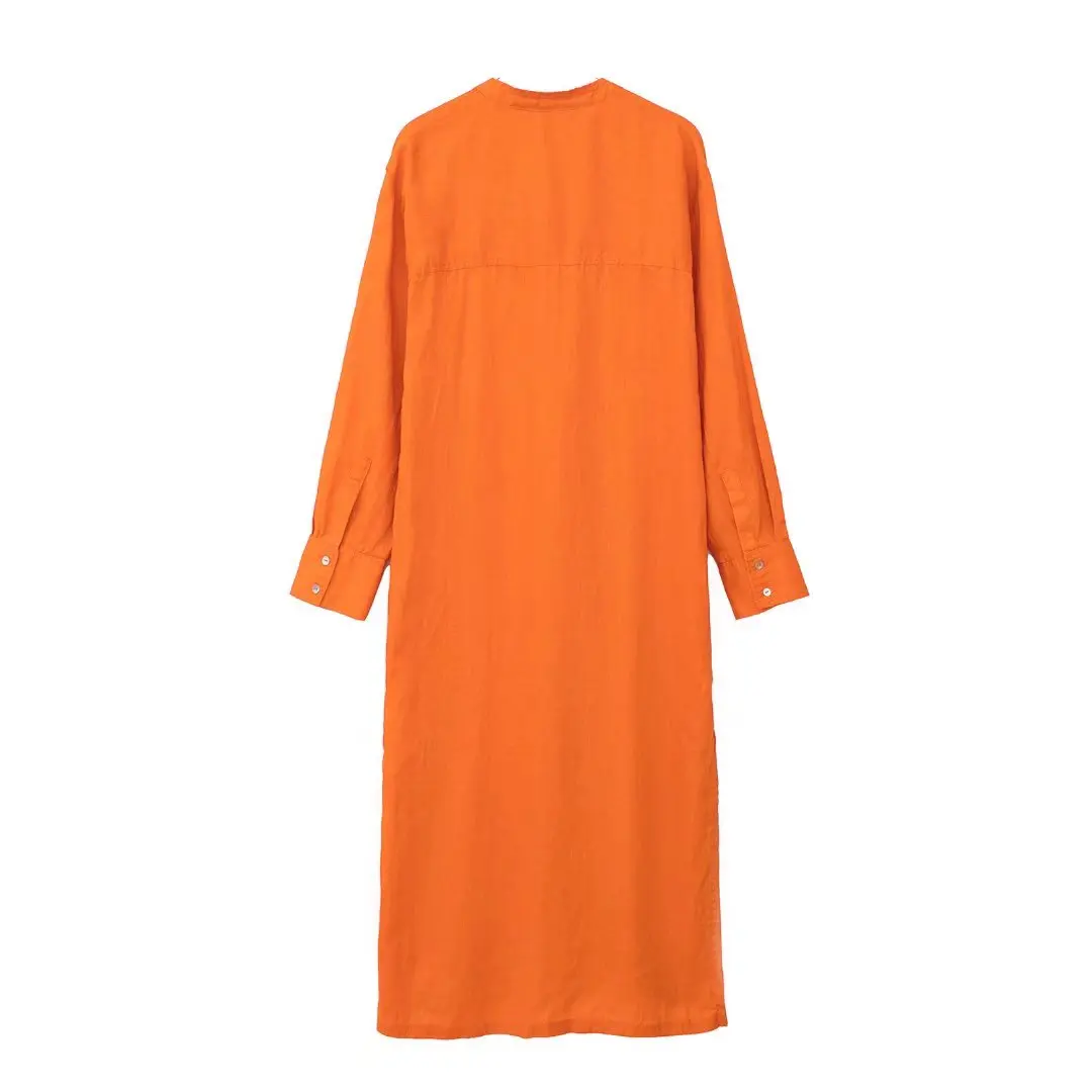 Платье-рубашка женское оранжевое средней длины с длинным рукавом |