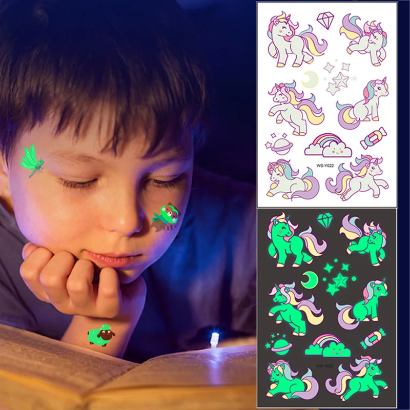 

Luminous Night Tattoo Stickers For Children Unicorn Stars Temporary Waterproof Tatto Body Art Kid Halloween Cartoon Fake Tatoo