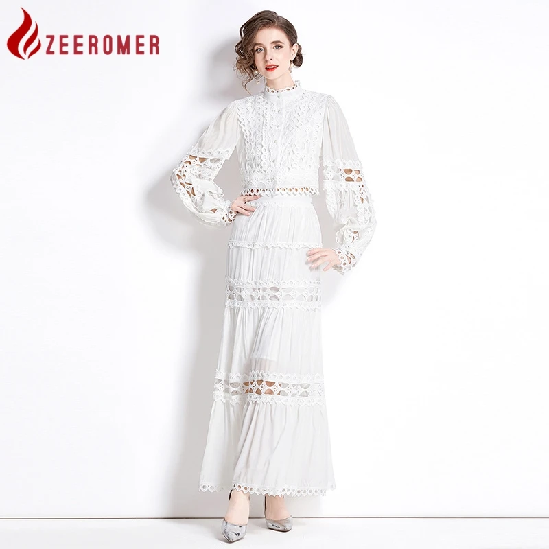 

2023 Autumn Vintage Lace Patchwork Dress Suit Women Stand Collar Single Breasted Short Tops + Hollow Out Long Skirt 2 Pieces Set