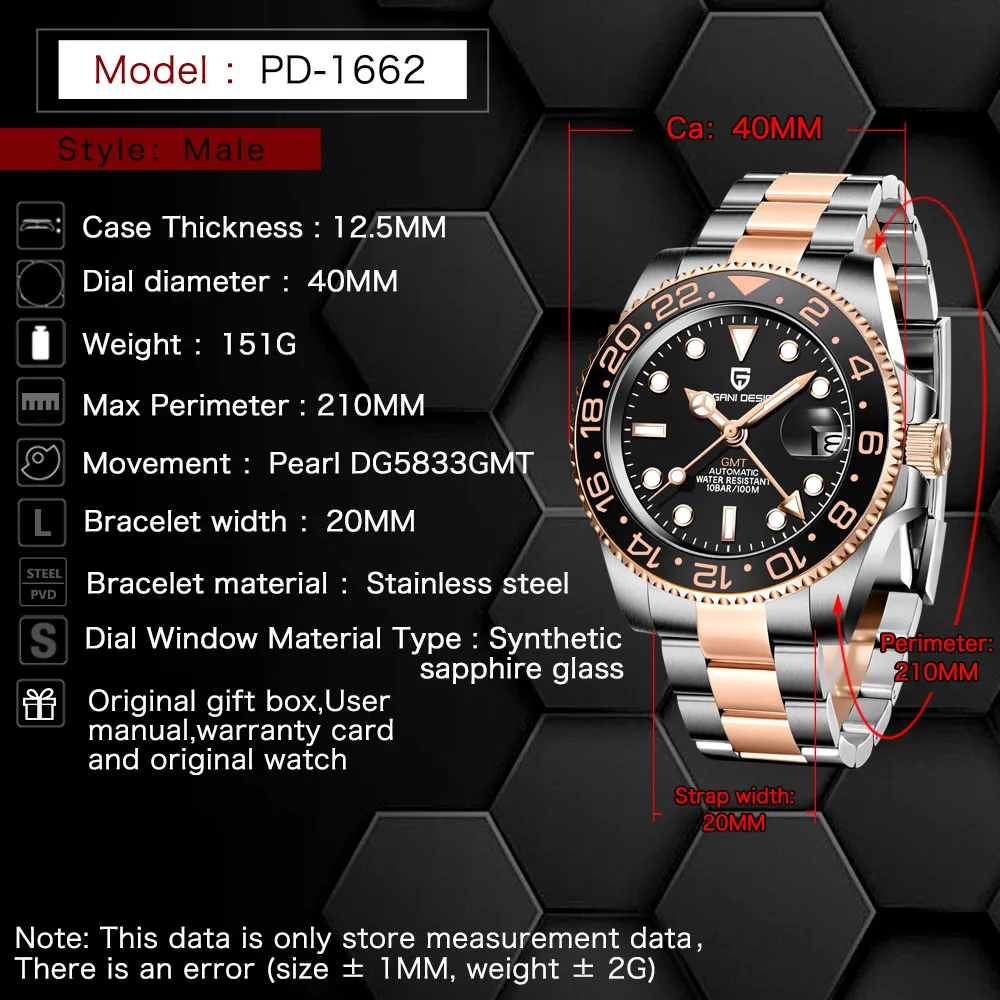 PAGANI DESIGN GMT Mechanical Men Luxury Luminous Watches Ceramic Bezel Sapphire 100M Waterproof Watch Full Steel watch for men |