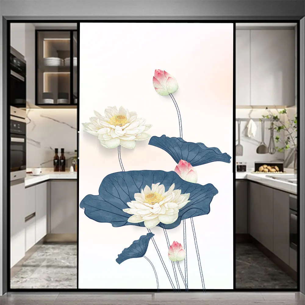 

Window Privacy Film New Chinese Style Lotus Glass Sticker Sun Blocking Anti-UV Static Cling for Home Window Decoration