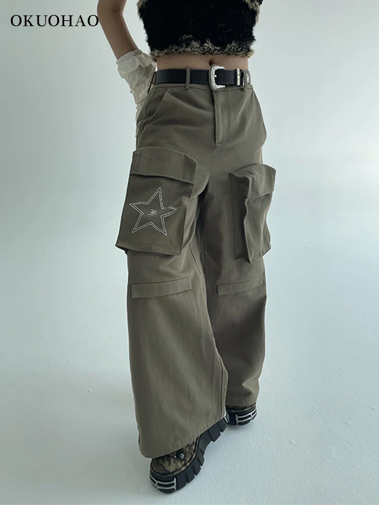 

Casual Pants Women Pockets Cargo Baggy Y2k Jeans High Waist Straight Leg Slim Trousers Loose Wide Leg Streetwear Boyfriend Cargo