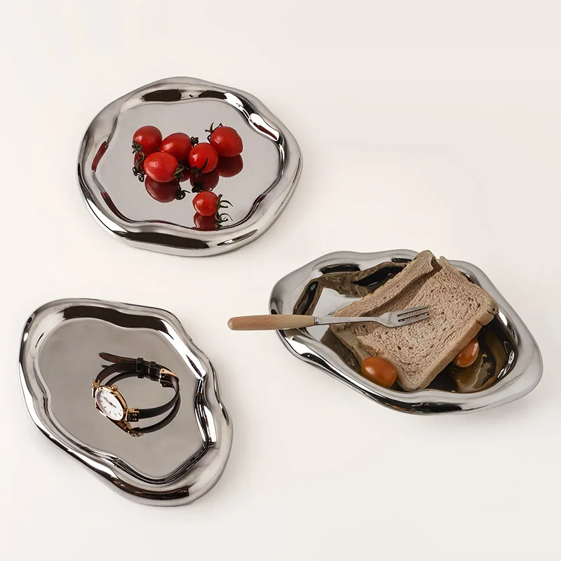 

Nordic Lrregular Silver Plated Ceramic Storage Tray Desktop Groceries Makeup Jewelry Organizer Home Pallet Decorative Ornament