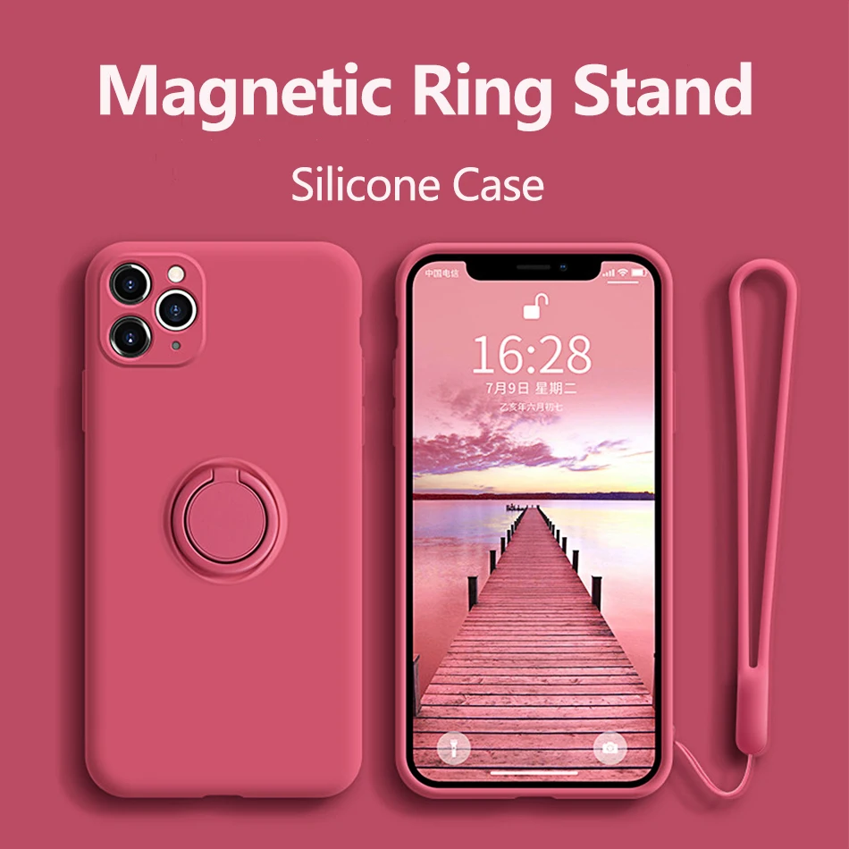 

With Ring Silicone Case For iPhone 11 Pro Max XR X XS 6 7 8 Plus SE 2020 12 13 Mini on Holder Magnetic Soft Lanyard Phone Cover