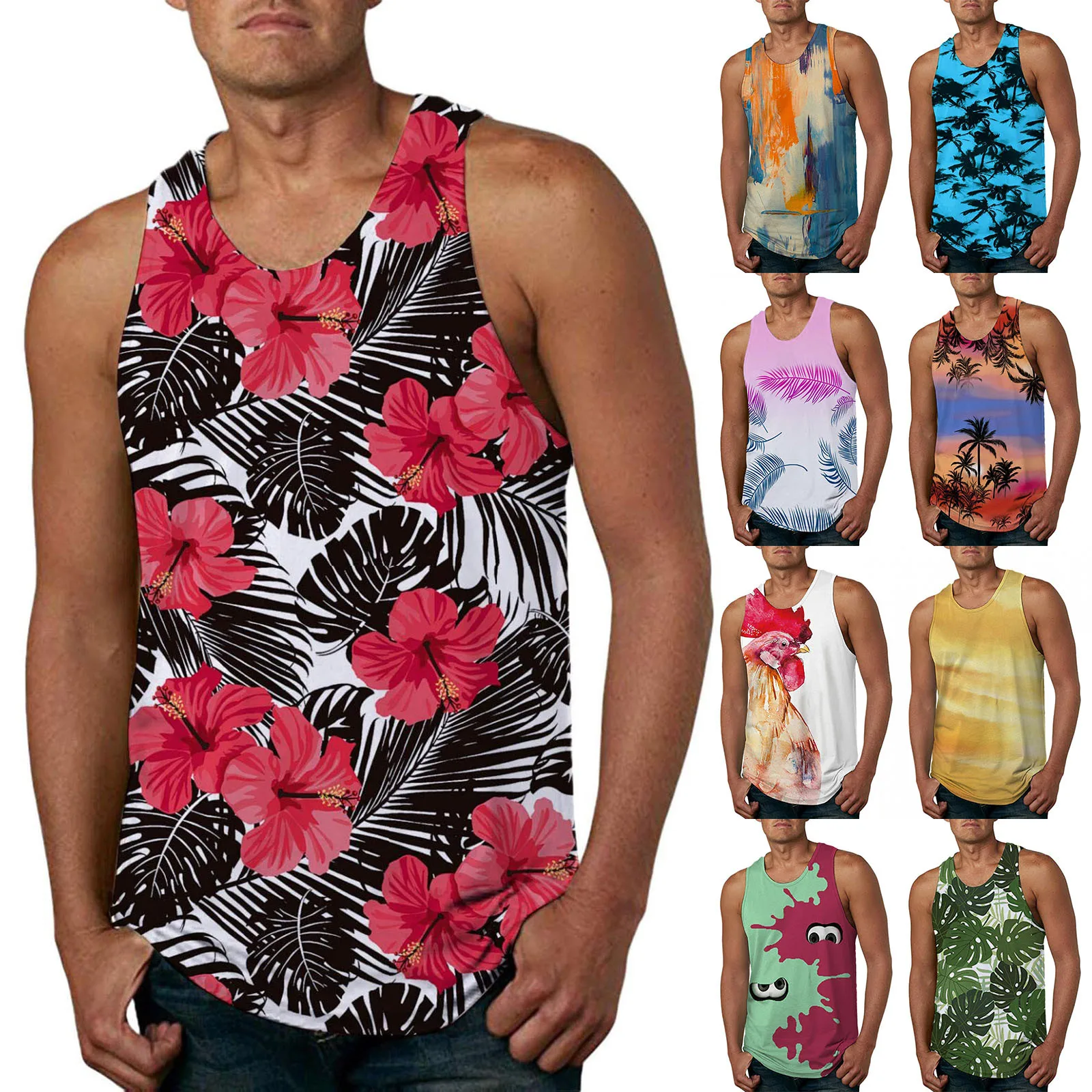 

2022 New Mens Vest Fashion Hawaiian Style Beach Sports Tank Top Male Gym Print Quick Dry Clothing Ropa Hombre Camisas
