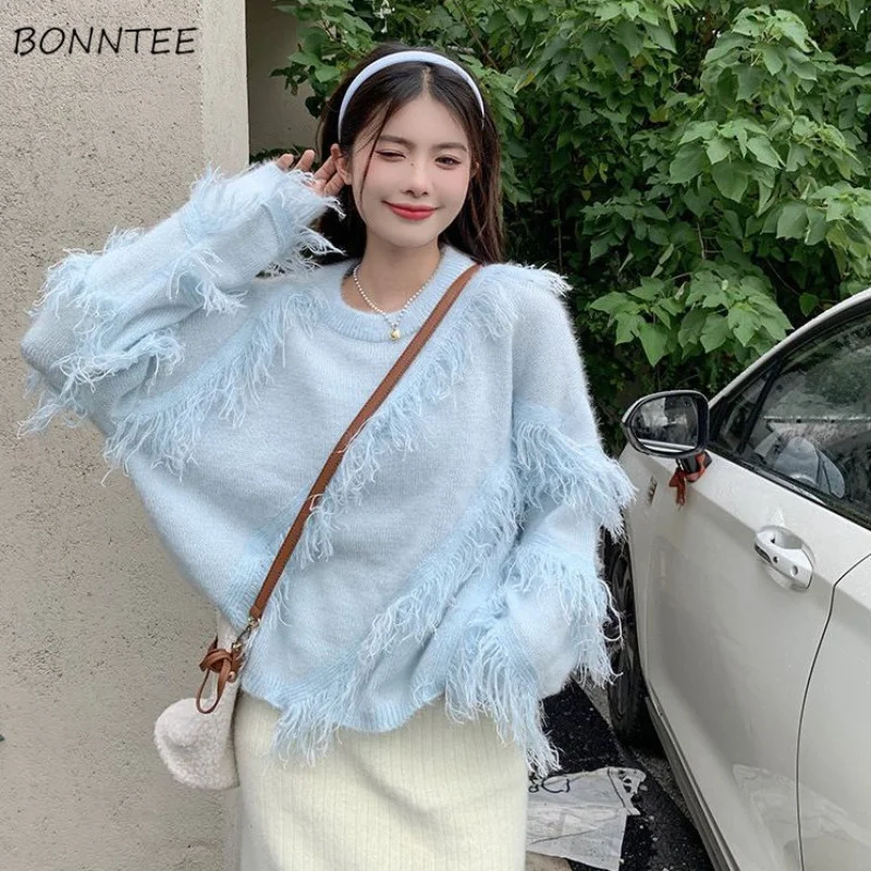 

Pullovers Women Chic Fall Winter Tender Korean Style Solid Female Tassel Lovely Preppy Irregular Design All-match Holiday Knit