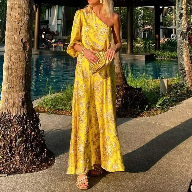 

Длинное платье Wepbel с пышными рукавами, облегающее модное женское платье с высокой талией, Элегантное Длинное Платье с диагональным воротни...