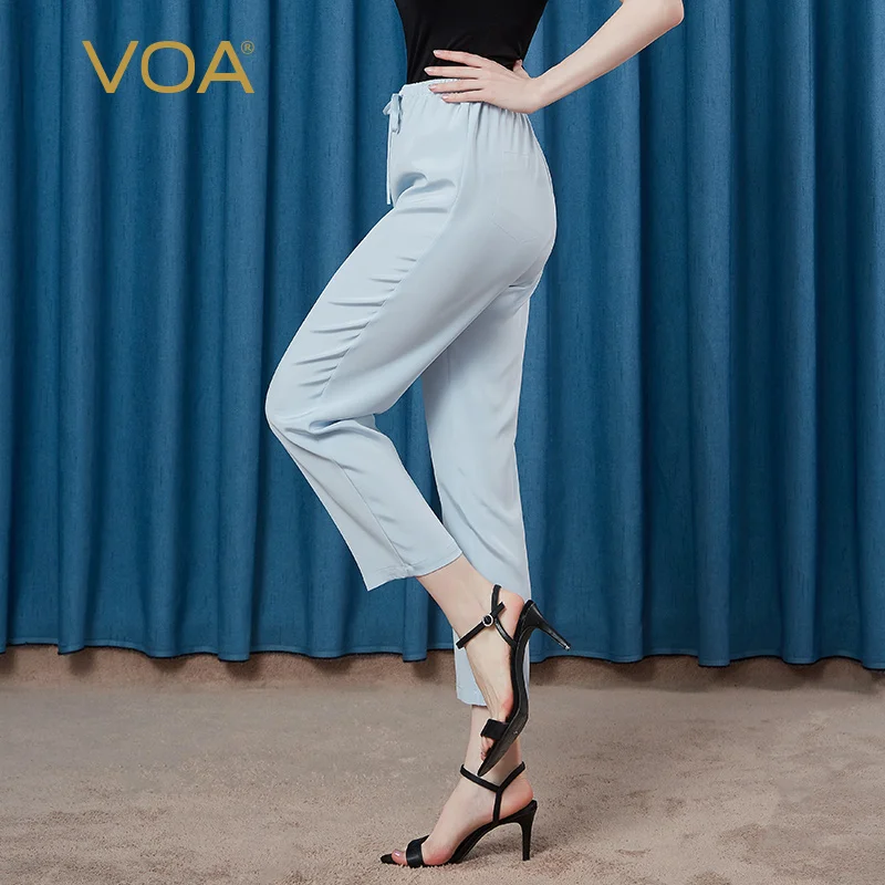 

VOA Heavy Silk 36m/m Drawstring Elastic Waist Small Feet Simple and Versatile Micro-elastic Nine-point Pants Joggers Women KE29