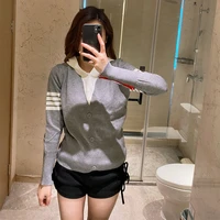autumn and winter tb fake two piece contrasting striped knitted hooded pullover bottoming shirt womens inner sweater