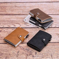 Blocking Vintage Men Credit Card Holder Aluminum Alloy Business Card Case Automatic Male Metal Leather Cardholder Wallet 2021