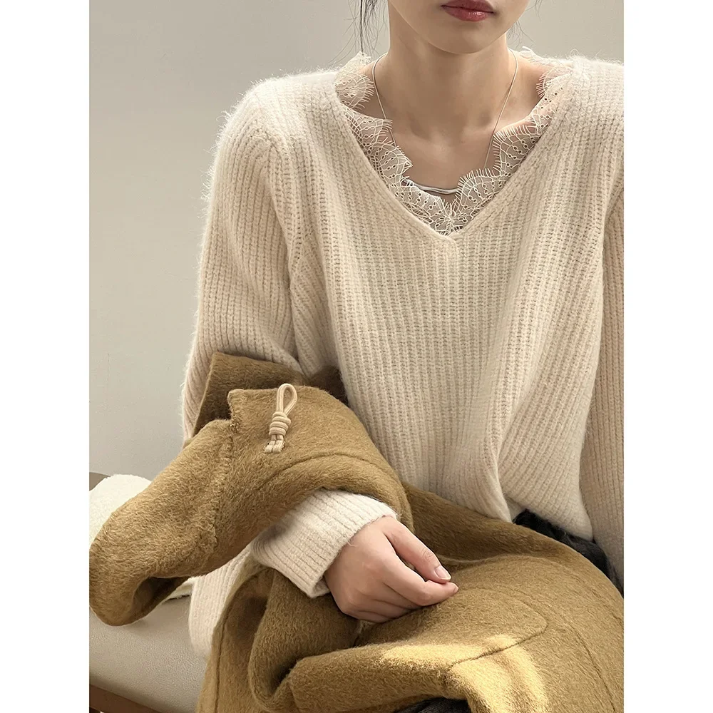Женская одежда кружевной лоскутный свитер с v-образным вырезом новинка