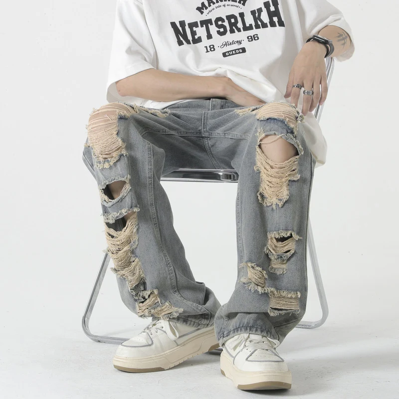 

Джинсы TFETTERS мужские рваные однотонные, модные прямые джинсы со средней талией, мешковатые брюки в ретро стиле, Повседневная Уличная одежда, лето 2023