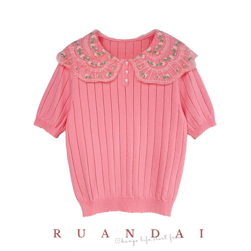 

Short-sleeved Pullover Sweater for RUANDAI 2022 Summer New Lace Doll Collar Short-sleeved Knitted Sweater Women