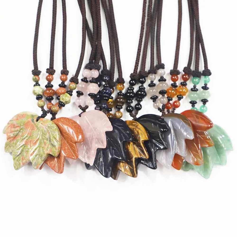 Selling Natural Exquisite Stone Agate Maple Leaf Weaving Necklace Pendant Fashion Charms Men Women Accessorie DIY Jewelry 1Strip