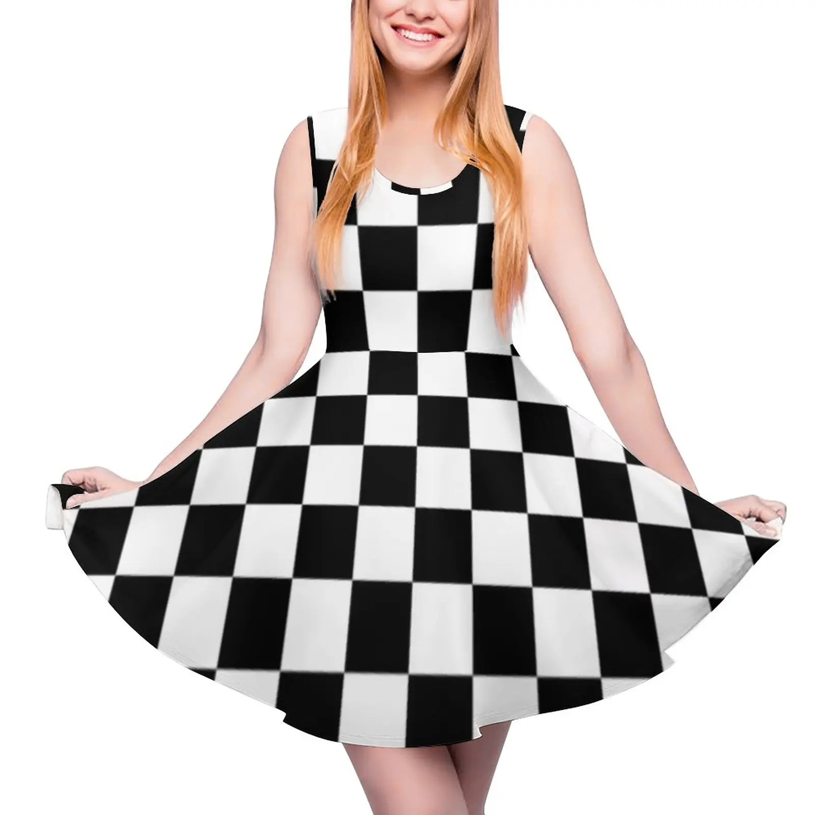 

Черное платье в шахматную клетку, классические черные и белые платья в стиле бохо в шахматную клетку, Повседневное платье с высокой талией д...