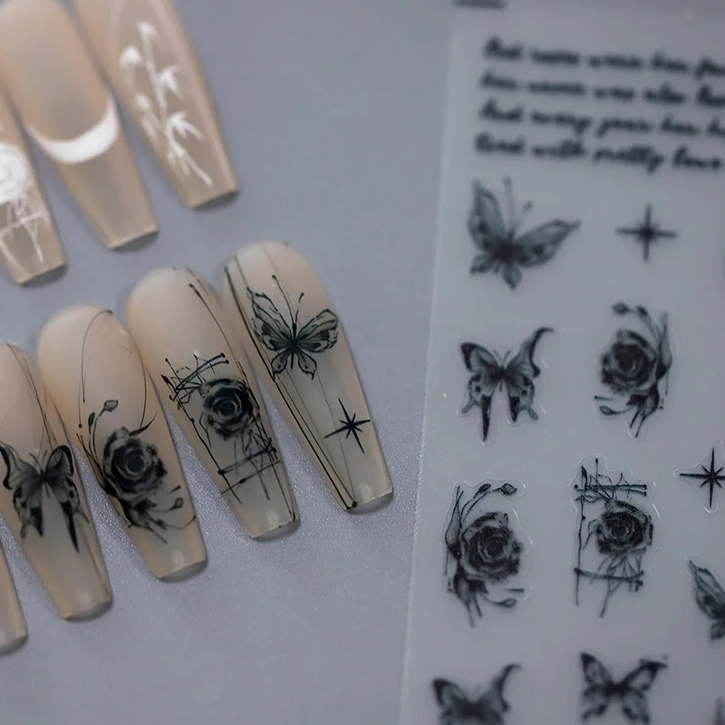 Самоклеящиеся 3D-Наклейки для дизайна ногтей, декоративные матовые полупрозрачные наклейки для маникюра, черные, белые, розовые, бабочки, звезды
