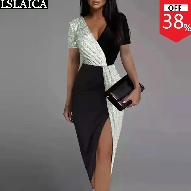 

Женское платье, S-3XL, новые модные летние платья средней длины в стиле пэчворк с коротким рукавом и высокой талией, сексуальные вечерние плат...