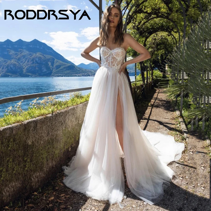 

RODDRSYA High Split Backless A-line Wedding Dress Romantic Strapless Sleeveless Bridal Gown Elegant Tulle Applique Brautkleid