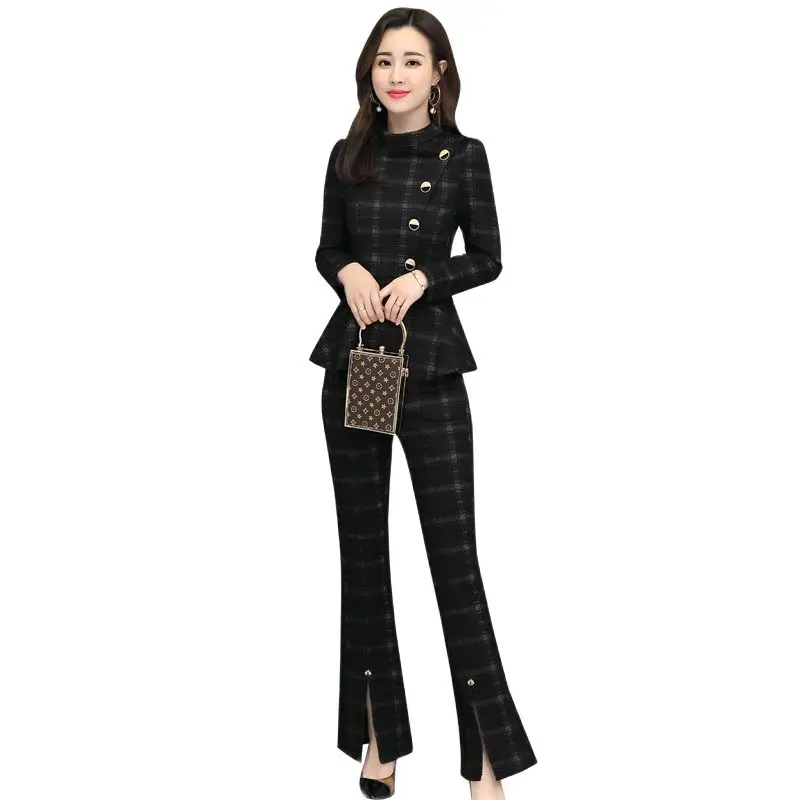 

Женский клетчатый деловой костюм, элегантный облегающий комплект из двух предметов, офисный дамский костюм с длинным рукавом, пуловер и брюки, 2023