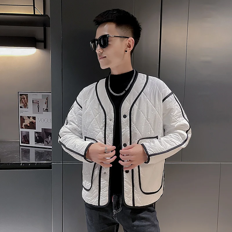 2023 Fashion Winter Men Jacket Collarless Contrast Bread Parkas Thickened Warm Overcoat Casual Streetwear Men Clothing Y29