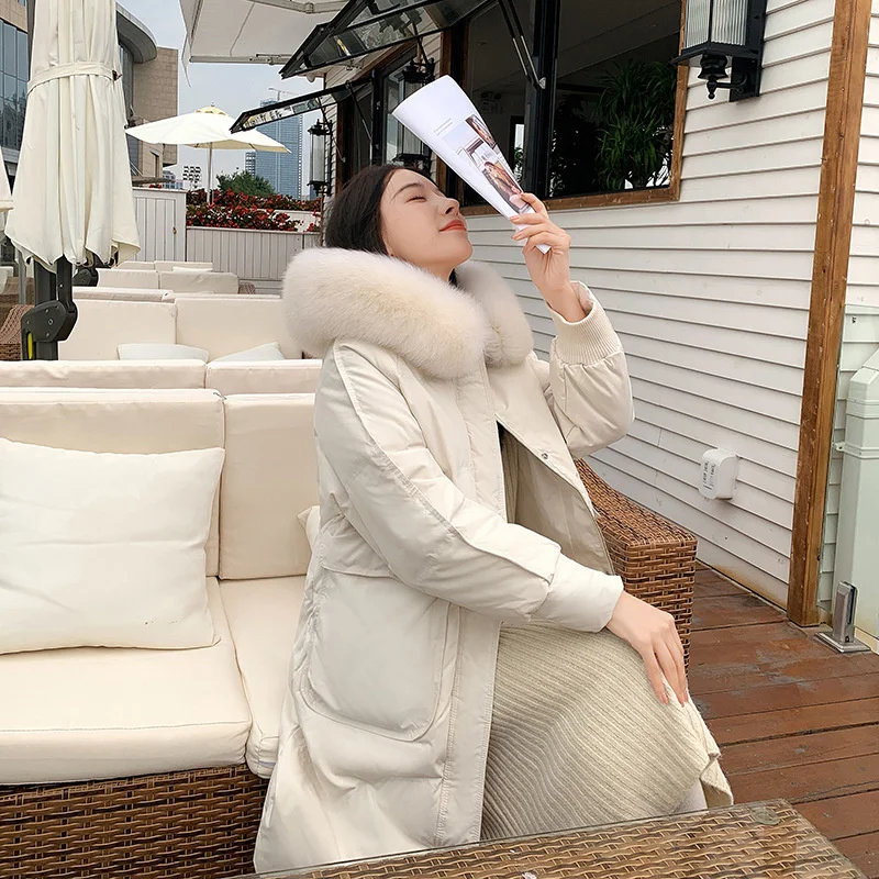 2022 Winter 90% White Duck Down Jacket Women Oversized Thick Warm Fur Hooded Long Parkas Female Loose Pocket Coat