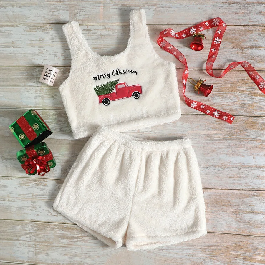 Autumn And Winter Embroidered Camisole Vest Shorts Female Cute Flannel Home Pajamas For Women Sexy Sleepwear