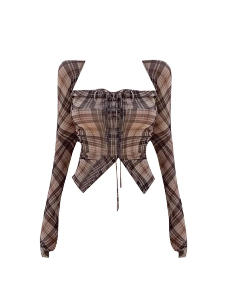 

Женские рубашки в клетку, блузки в Корейском стиле Харадзюку, модная винтажная рубашка в стиле панк Y2k с квадратным воротником и длинным рукавом, летняя одежда