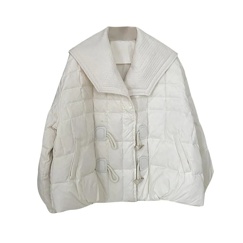 New Horn Button Down Jacket Women's Winter Lapel Thin Cotton Jacket Solid Color Sweet Thick White Eiderdown Warm Short Coat