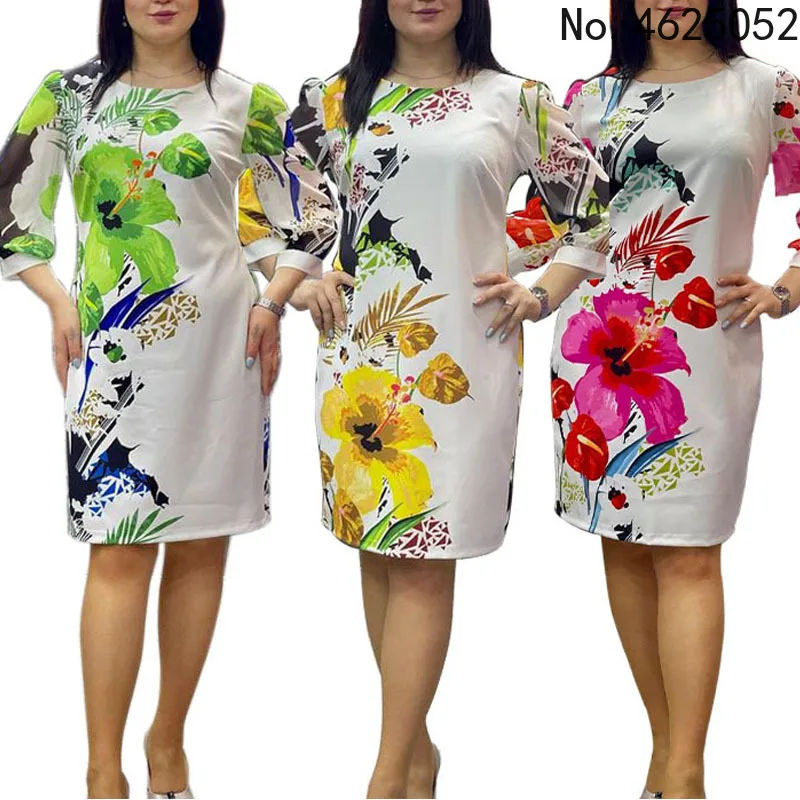 

2022 Summer Elegent African Women Round Neck Polyester Printing Knee-length Dress African Dresses for Women L-4XL