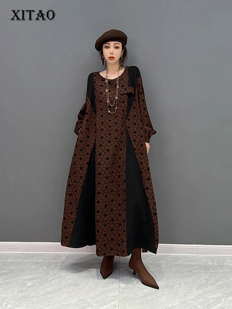 

XITAO Fashion Print Dress Loose Irregular Contrast Color Patchwork Women Long Sleeve O-neck Collar Pullover New Dress WLD13310